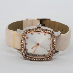 Minimalist Women's Watch 26MM Crystal Bezel Gray Dial Cream Leather Band NewBatt